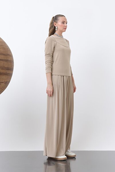 Soul Women's Basic Elastic Waist Loose Trousers -32238Pnt - Beige