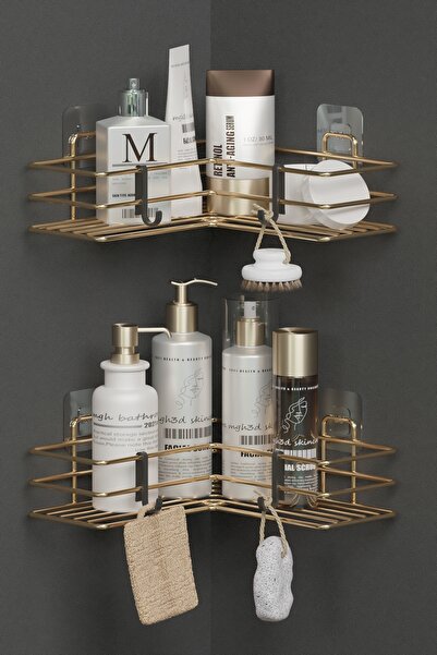 wearme 2 قطعة منظم الحائط اللاصق للحمام، حامل شامبو الدش، رف زاوية، رف منظم ذهبي