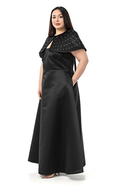 DISENTIS MODEST Plus Size Backless Short Cape Evening Dress Black Dress