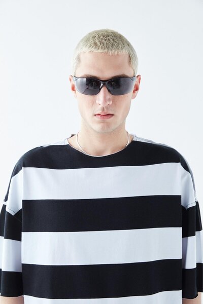 VAMOSCLO Ψηφιακό μπλουζάκι με τύπωμα ρίγες 100% βαμβάκι oversized μαύρο