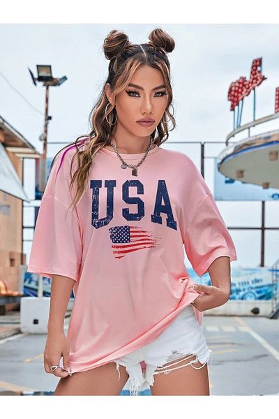 Boi Γυναικεία / Κορίτσια Usa America Printed Oversize T-shirt Casual Boyfirend
