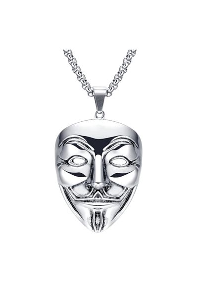 Tessero Cubic design necklace with Vendetta pendant, Anonymous mask shape, silver-plated, Tessero, silver