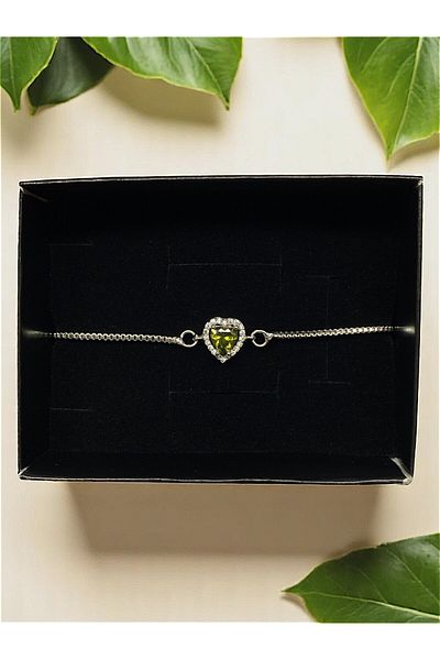 Tixy Pixy Khaki Zircon Stone Heart Adjustable Silver Stainless Steel Women's Bracelet
