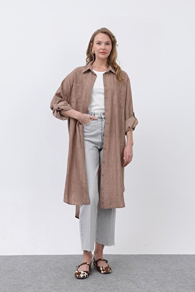 Puane Kadın Önü Cep detaylı Arkası Robalı Uzun Tunik - 10639TUN - BROWN