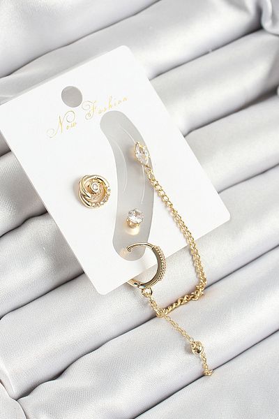 SeyCey.co Brass Ring Figured Zircon Stone Gold Color 3-Piece Cartilage Women's Earring Set