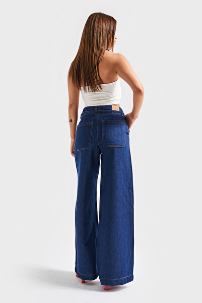 its basic Women's Indigo Color 7S5-50/1 Wide Leg Fit Belt Detailed Viscon Fabric 100% Cotton Denim Jean