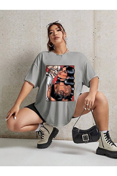 YRN COLLECTION Tricou oversize casual pentru femei/fete cu imprimeu schelet B...