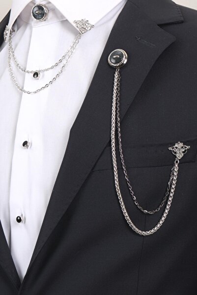 Esgue Gümüş Renk Desenli Yaka Broş Seti – 3 Parça Zincirli Takım Elbise Akses...