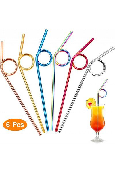 Qpout Set of 6 reusable Qpout straws, metal, multicolor, 22 cm