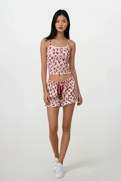 Ecrou Women's Ecru Cherry Patterned Rope Strap Top Shorts Pajama Set