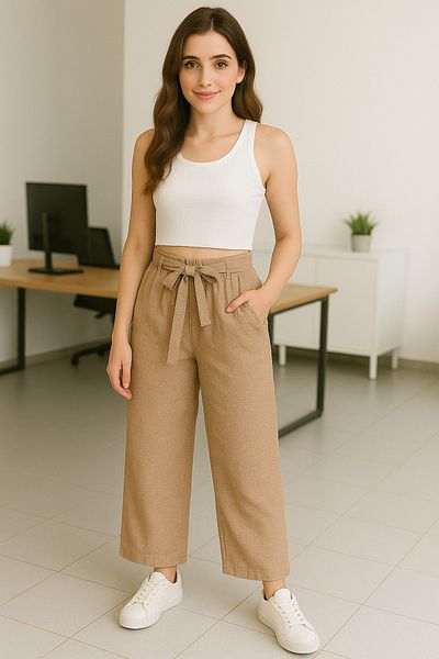 Hayalet Special Design Elastic Waist Side Pockets Wide Leg Linen Trousers - M/Xl