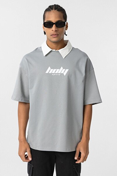 VAMOSCLO Μπλουζάκι με λαιμόκοψη πόλο oversized με τύπωμα Γκρι