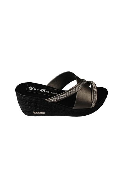 Yaz Kış Ayakkabı Yazkiş Women's Platinum Cross Strap Stone 7cm Wedge Heel Slippers