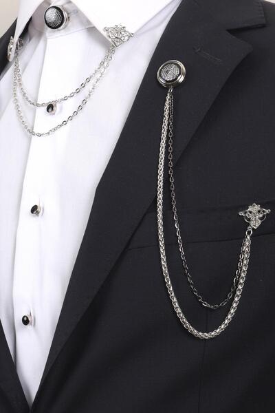 Esgue Gümüş Renk Siyah Desenli Yaka Broş Seti – 3 Parça Zincirli Aksesuar Yak...