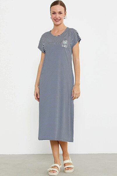 KARAKAŞ Sementa bicycle collar embroidery detailed navy blue marine jersey women's dress nightgown