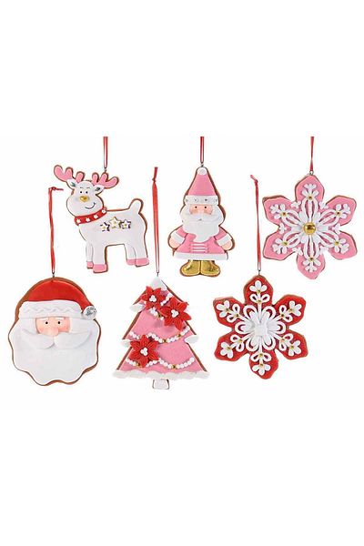 Decorer Set 6 ornamente brad din polirasina roz rosie alba 9x10 cm