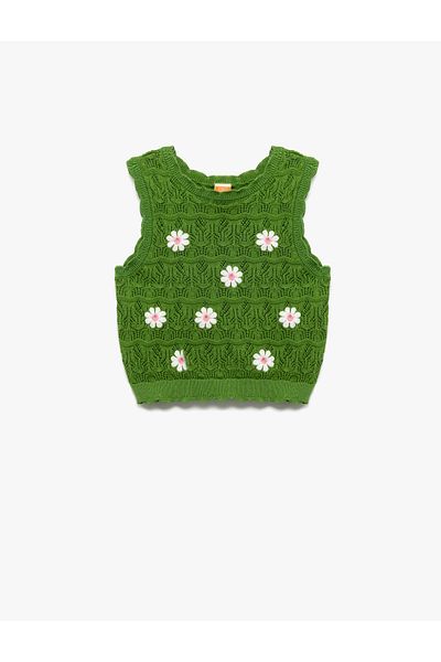 Koton Flower Embroidery Detailed Crew Neck Cotton Knitwear Crop Tank Top