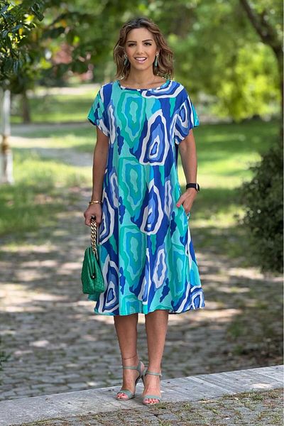 Nevin Kaya Moda Rochie din bumbac cu model ametist albastru