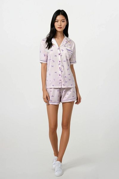 Ecrou Set de pijamale pentru femei, cu model de fundă liliac, cu guler pentru bebeluși