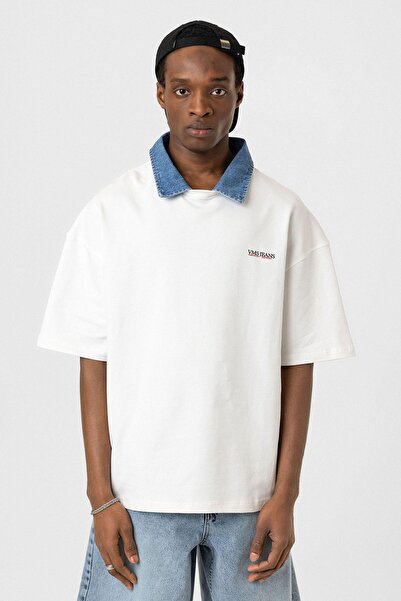 VAMOSCLO Polo Neck Text Detailed Oversize T-Shirt Ecru