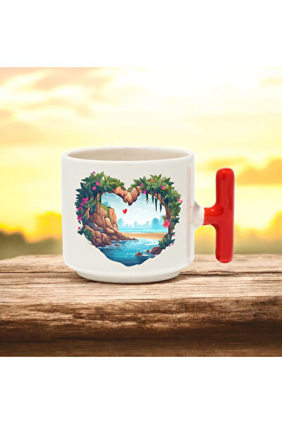 BB TRADE كوب سيراميك مطبوع بتصميم ساحلي مع مقبض على شكل حرف T باللون الأحمر س...