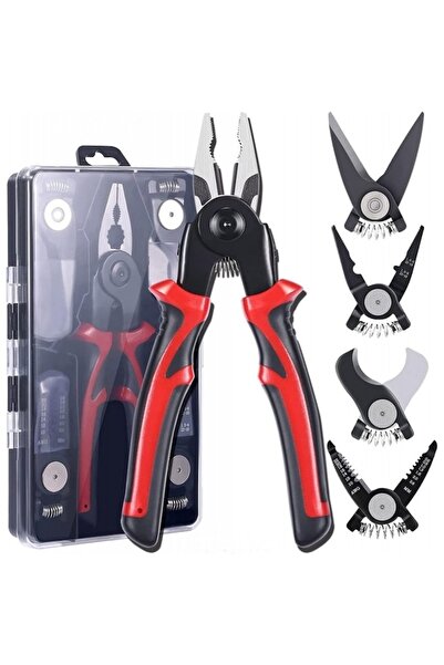 FOXMAG24 Set multifuncțional 5‑în‑1: patent, dezizolat, clește, sertizat, foarfecă, cutie, roșu/negru