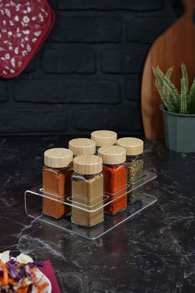 Etka Dizayn Eron 105 Cc Set of 6 Two Row Spice Rack – Bamboo Lid, 3 mm Plexi Stand
