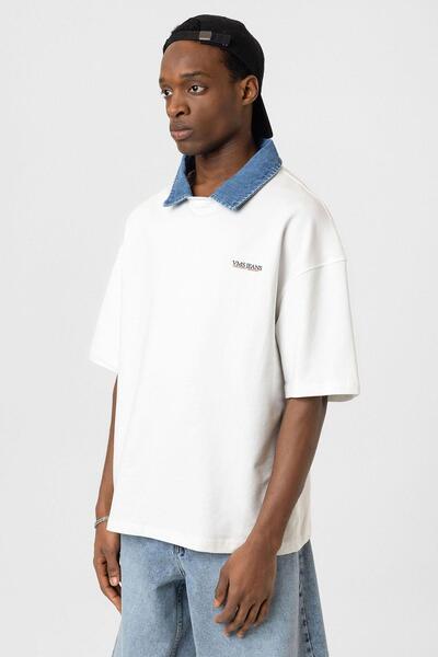 VAMOSCLO Polo Neck Text Detailed Oversize T-Shirt Ecru