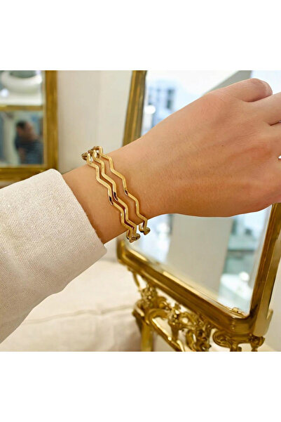 CASELN 22 Ayar Altın Kaplama ZikZak Ajda Kadın Bilezik Bileklik Zigzag (1 Adet)