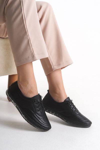 Shu Mhu Genuine Leather Black Women's Daily Rubber Laced Orthopedic Silicone Sole Comfortable Soft Women's Shoes