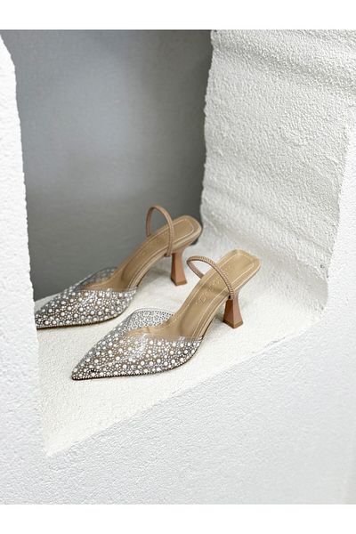 NUR KARACA 25Y3246 Pearl Embroidered Transparent Open Back Elastic 9cm Heel Stiletto Shoes for Women