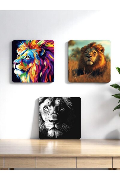 lili hediyelik Lion Printed 3-Piece Adf Coasters