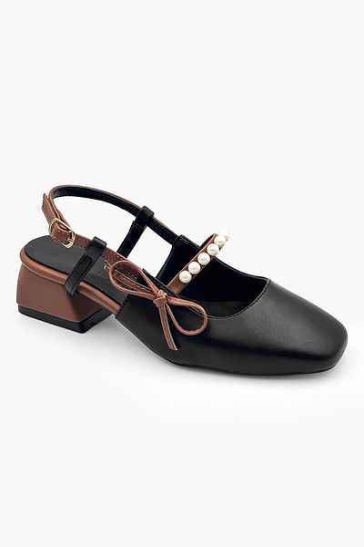 mybellashoes Women's Shoes Pearl Bow Detailed Women's Short Heeled Open Back Women's Shoes Ballerina Black Tan