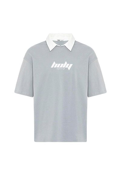 VAMOSCLO Polo Neck Oversize Printed T-Shirt Gray