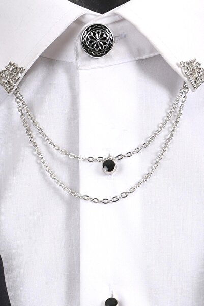 Esgue Gümüş Renk Desenli Yaka Broş Seti – 3 Parça Zincirli Takım Elbise Gömlek Yaka Seti (BRS17)