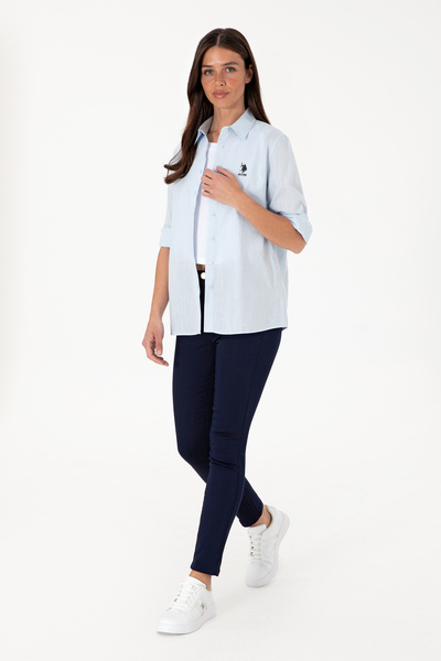 U.S. Polo Assn. Cămașă de bază cu mânecă lungă albastru deschis pentru femei 50307694-VR003