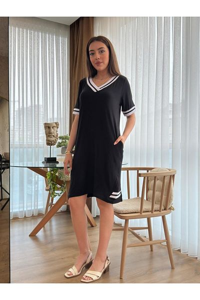 JANES Rochie de damă, cu mânecă scurtă, cu decolteu în V, cu buzunare cu buzunare