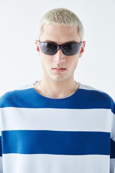 VAMOSCLO Ψηφιακό μπλουζάκι με τύπωμα ρίγες 100% βαμβάκι oversized μπλε κοβαλτίου