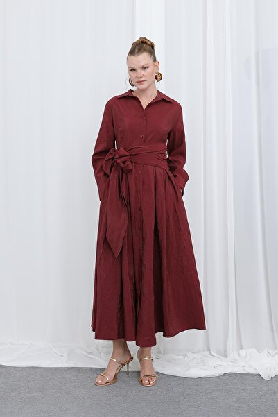 Loreen Γυναικείο φόρεμα λινό με γιακά πουκάμισο με ζώνη διπλό πέτο -20661ELB - Βουργουνδία