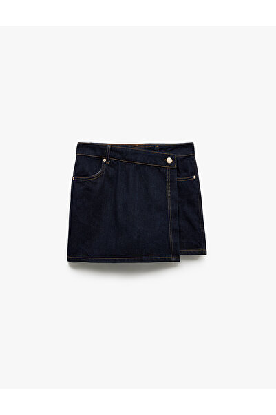 Koton Pamuklu Düğme Detaylı Cepli Asimetrik Denim Mini Şort Etek