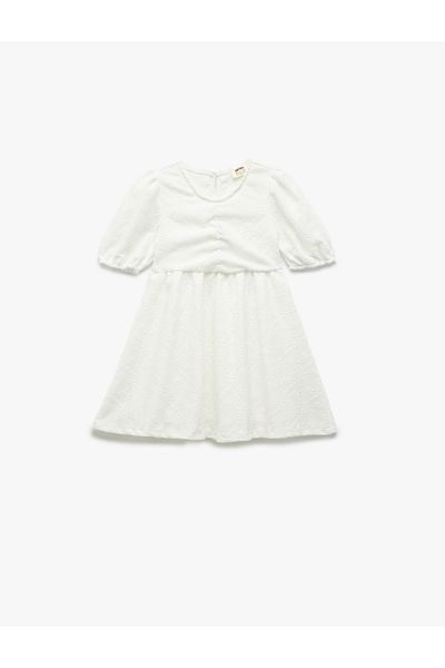 Koton Round Neck Short Sleeve Broderie Dress with Drawstring Detail