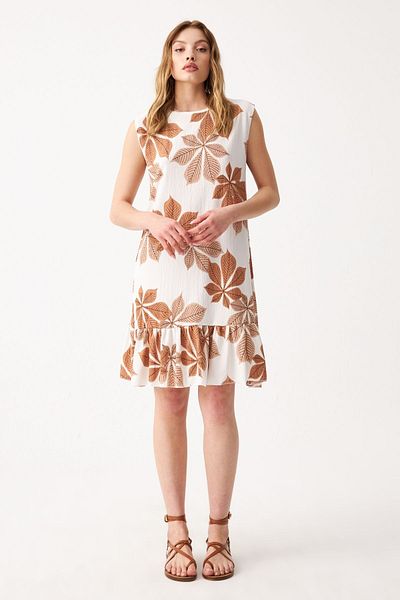 Know Women's Camel-White Floral Pattern Sleeveless Mini Crinkle Dress