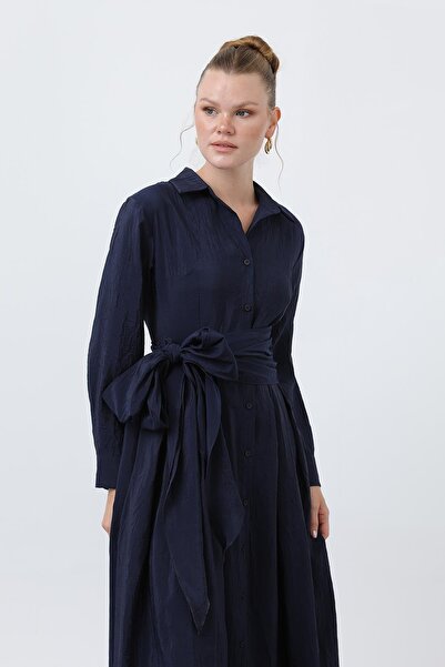 Loreen Γυναικείο φόρεμα λινό με γιακά πουκάμισο με ζώνη διπλό πέτο -20661ELB - Navy Blue