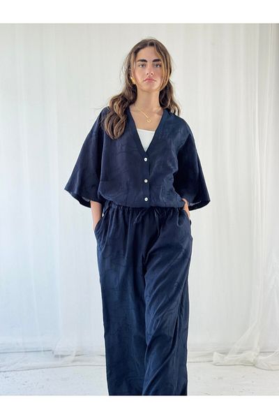 Retrobird Cămașă kimono cu decolteu în V de design pentru femei, albastru închis