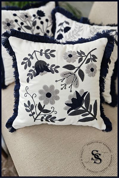 SasoHome Beauty Flowers Punch Embroidery Patterned Linen Throw Pillow Cover