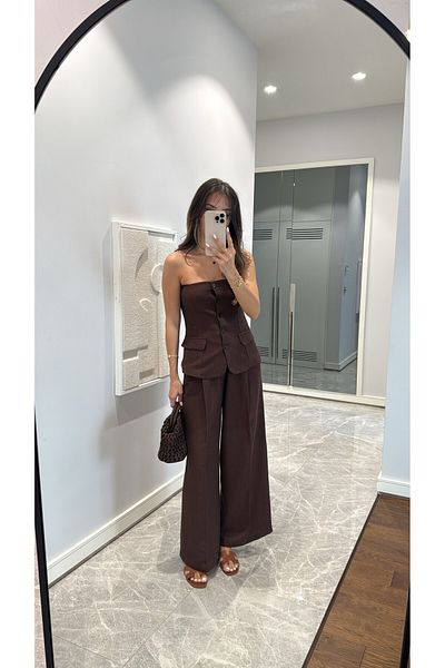 sinemkivanc co Brown Strapless Button Suit