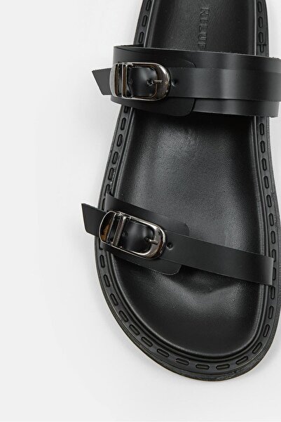 NILUFARR Halsey Black Genuine Leather Women's Slippers