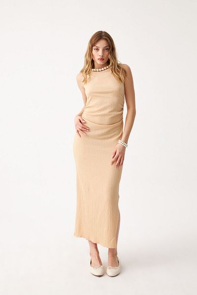 Know Women's Beige Maxi Length Slit Waist Gather Detail Crinkle Dress