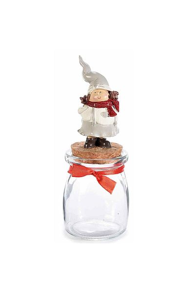 Decorer Glass Jar with White and Red Ceramic Elf Figurine 6x15 cm