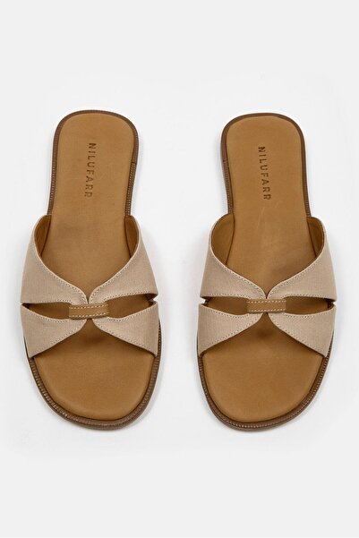 NILUFARR Marbelys Beige Linen Genuine Leather Women's Slippers